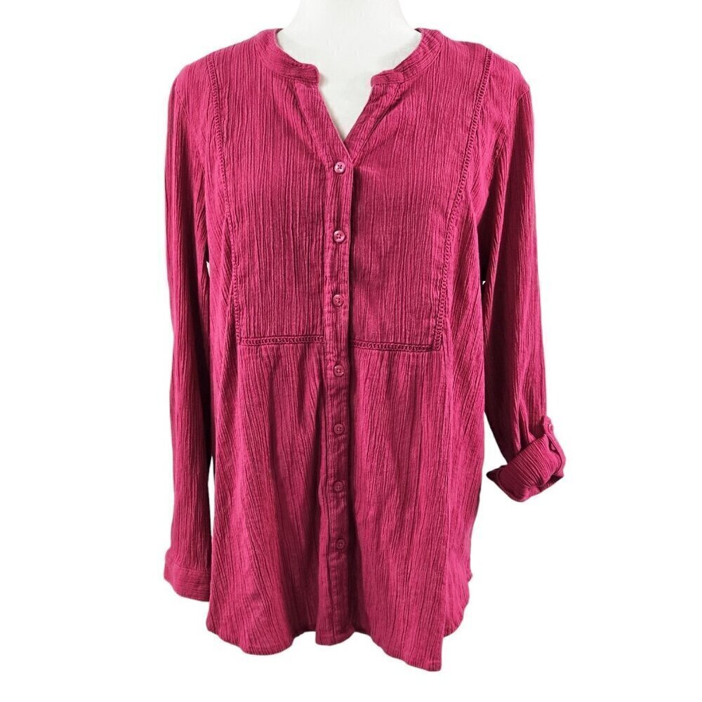 Coldwater Creek Crinkle Cotton Openwork Big Shirt Roll Tab Sleeve Pink Fusion